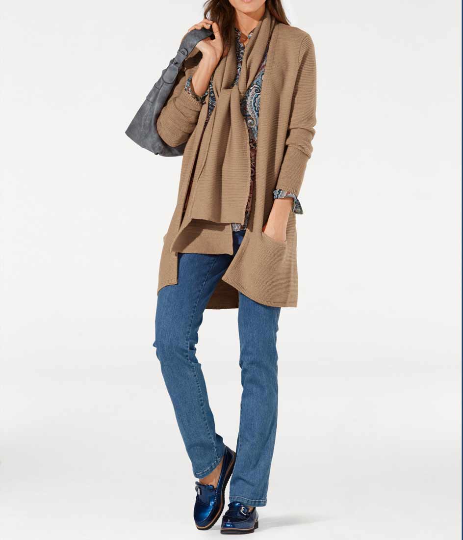 Patrizia Dini Damen Merinowolle-Cardigan mit Schal, camel