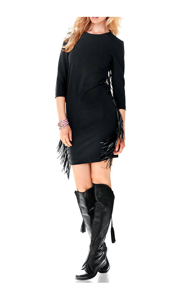 Rick Cardona Damen Designer-Kleid mit Fransen, schwarz