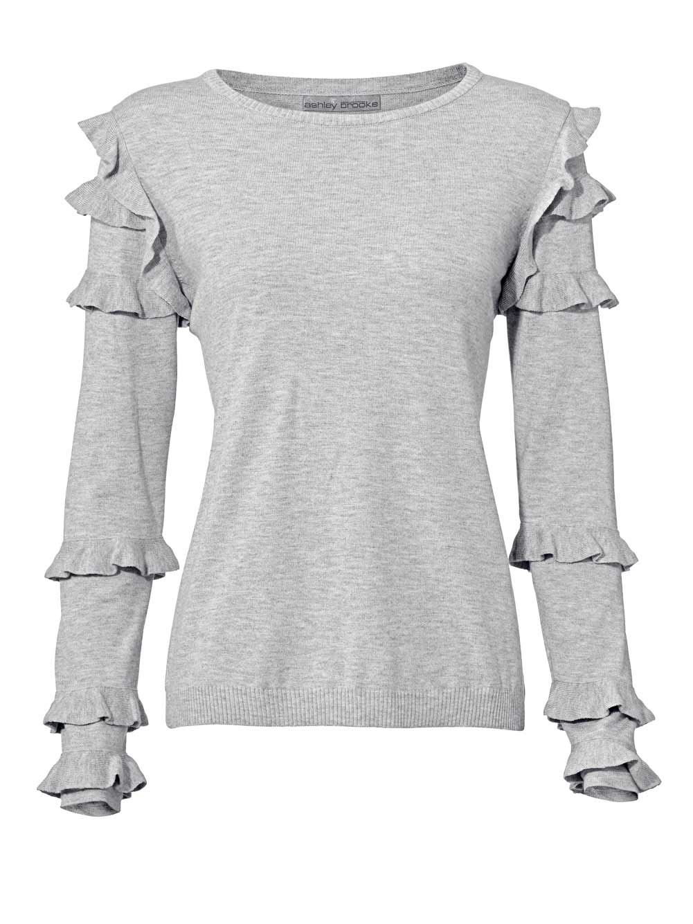 Ashley Brooke Damen Designer-Pullover mit Rüschen, grau-melange