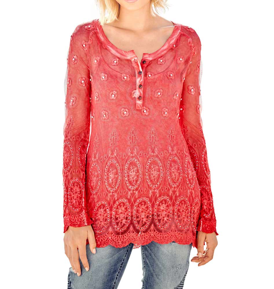 Mandarin Damen Spitzenshirt und Top, koralle