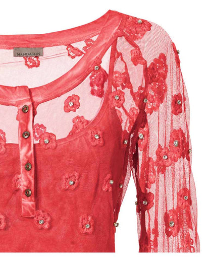 Mandarin Damen Spitzenshirt und Top, koralle