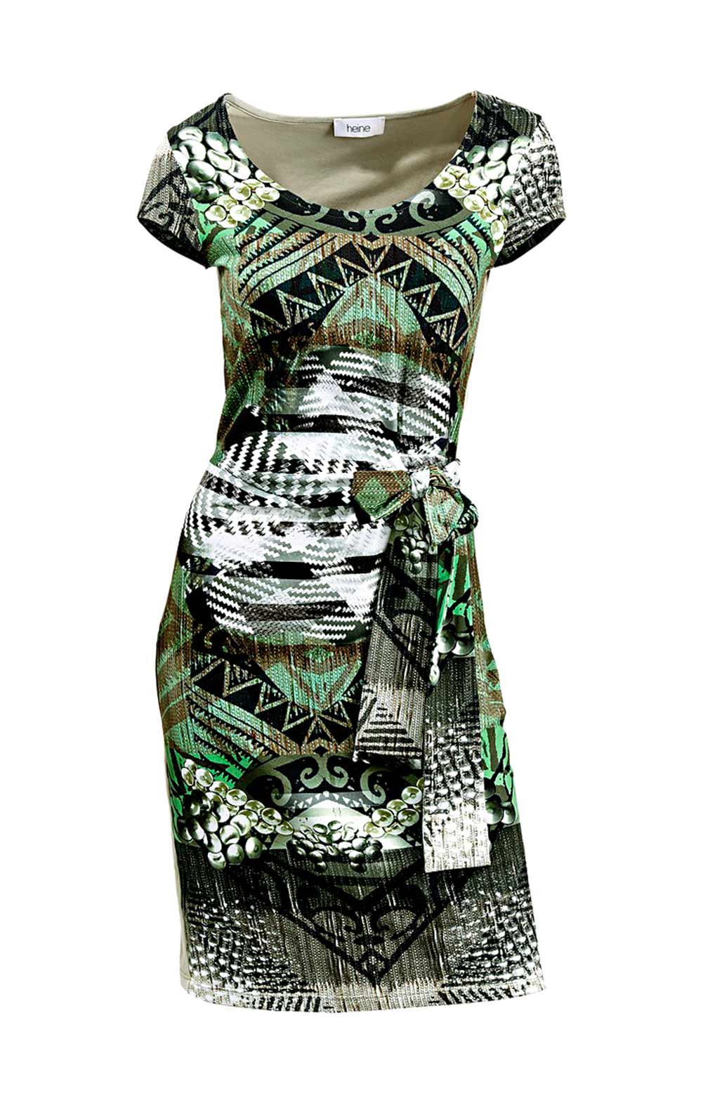 Heine Damen Kleid mit Bindegürtel, grün-bunt