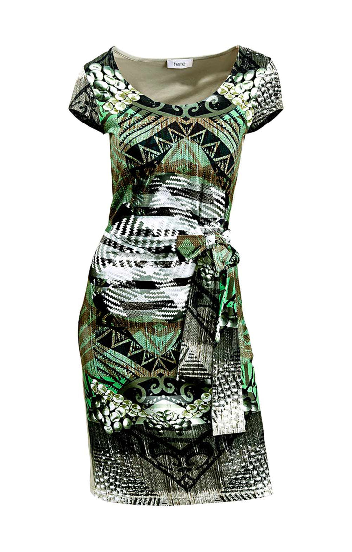 Heine Damen Kleid mit Bindegürtel, grün-bunt