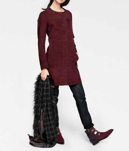 RICK CARDONA Damen Designer-Ziegenveloursledermantel, bordeaux
