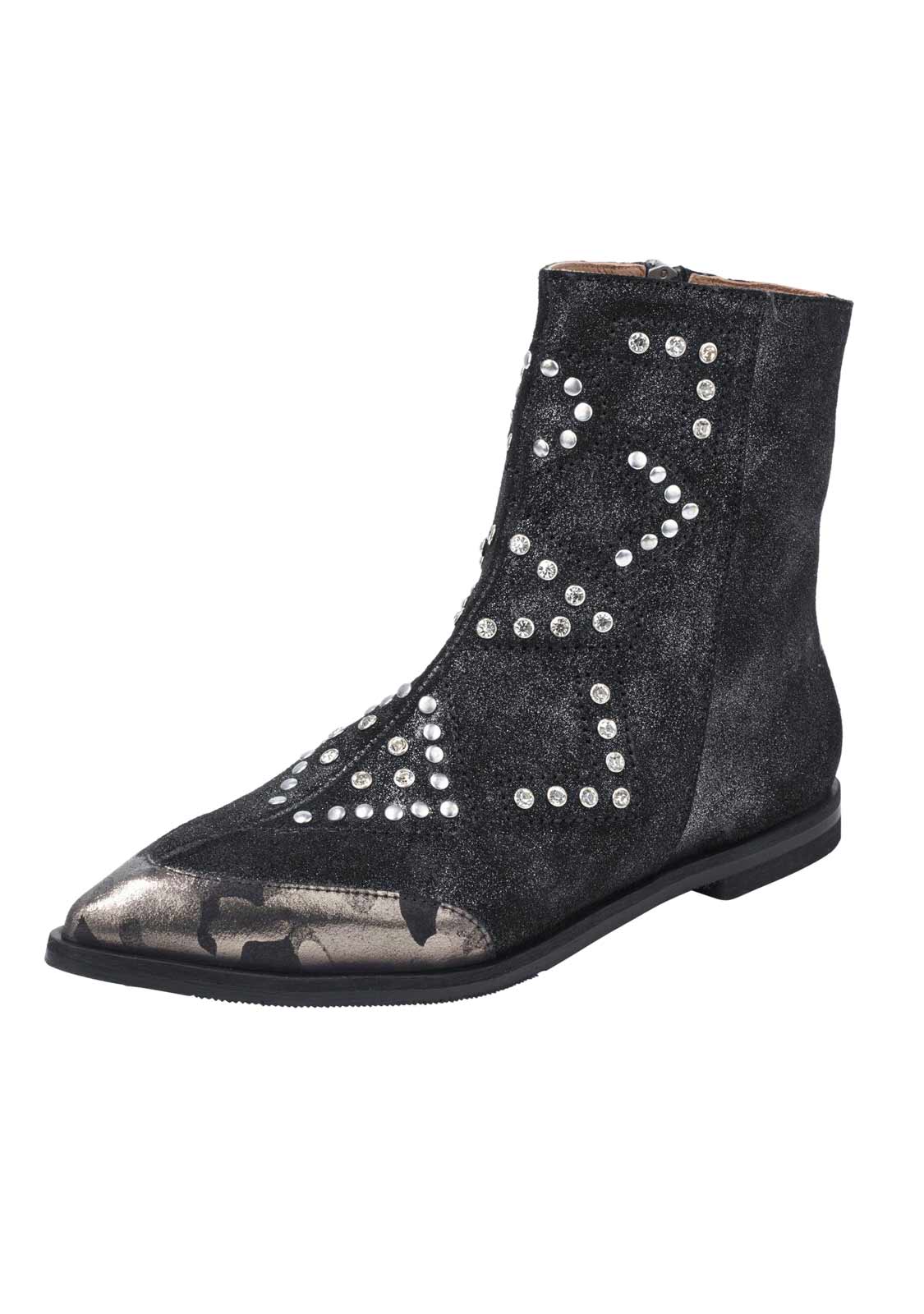 XYXYX Damen Marken-Velourslederstiefelette, schwarz-metallic