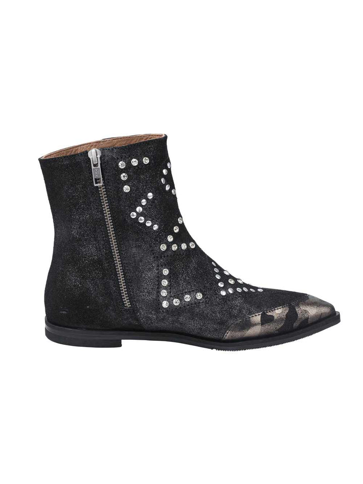 XYXYX Damen Marken-Velourslederstiefelette, schwarz-metallic