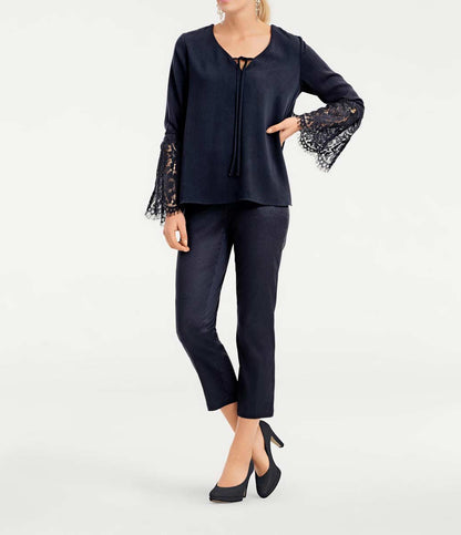 ASHLEY BROOKE Damen Designer-Spitzenbluse, nachtblau
