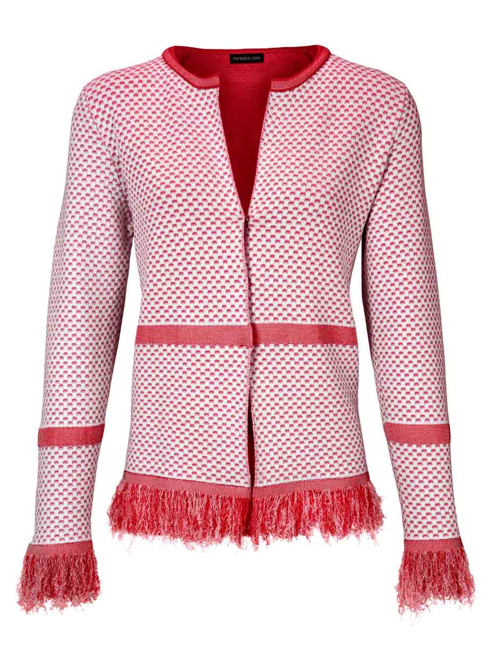 PATRIZIA DINI Damen Designer-Strickjacke m. Fransen, rot-weiß