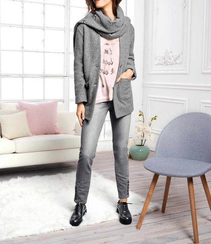 LINEA TESINI Damen Designer-Wollflauschjacke m. Schal, grau