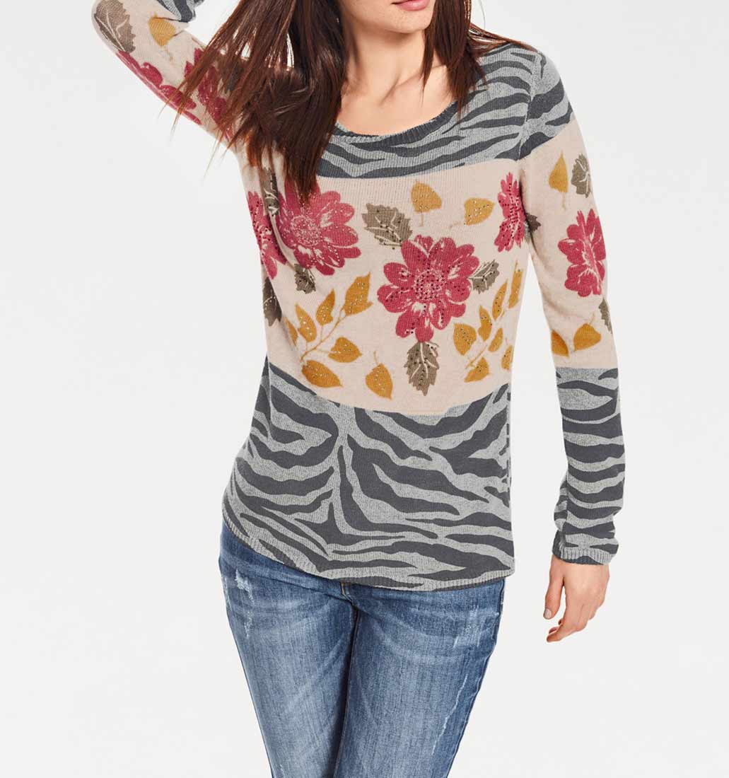 HEINE Damen Druckpullover m. Strass, grau-beige-bunt