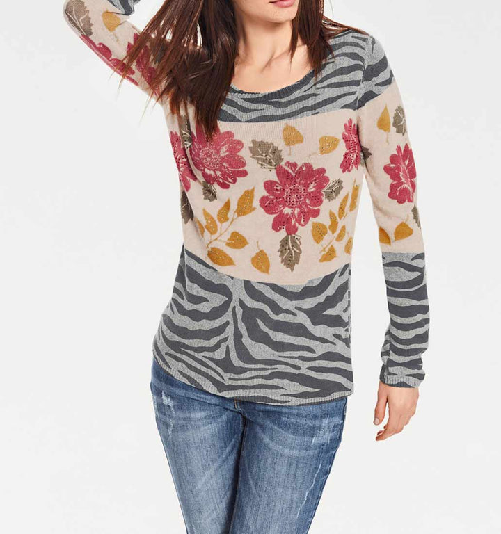 HEINE Damen Druckpullover m. Strass, grau-beige-bunt