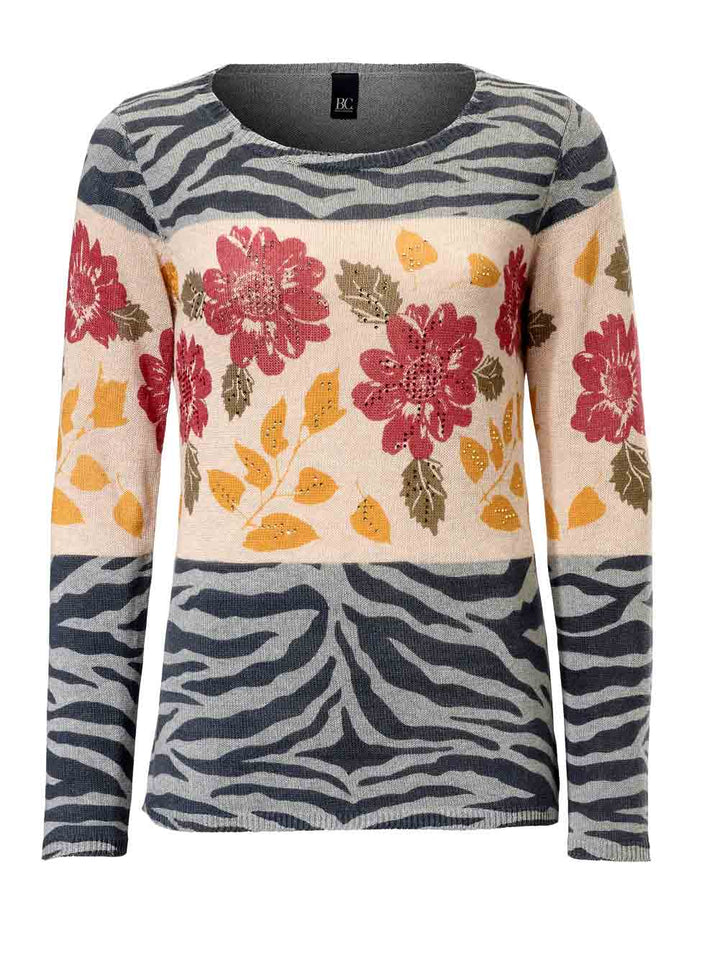 HEINE Damen Druckpullover m. Strass, grau-beige-bunt