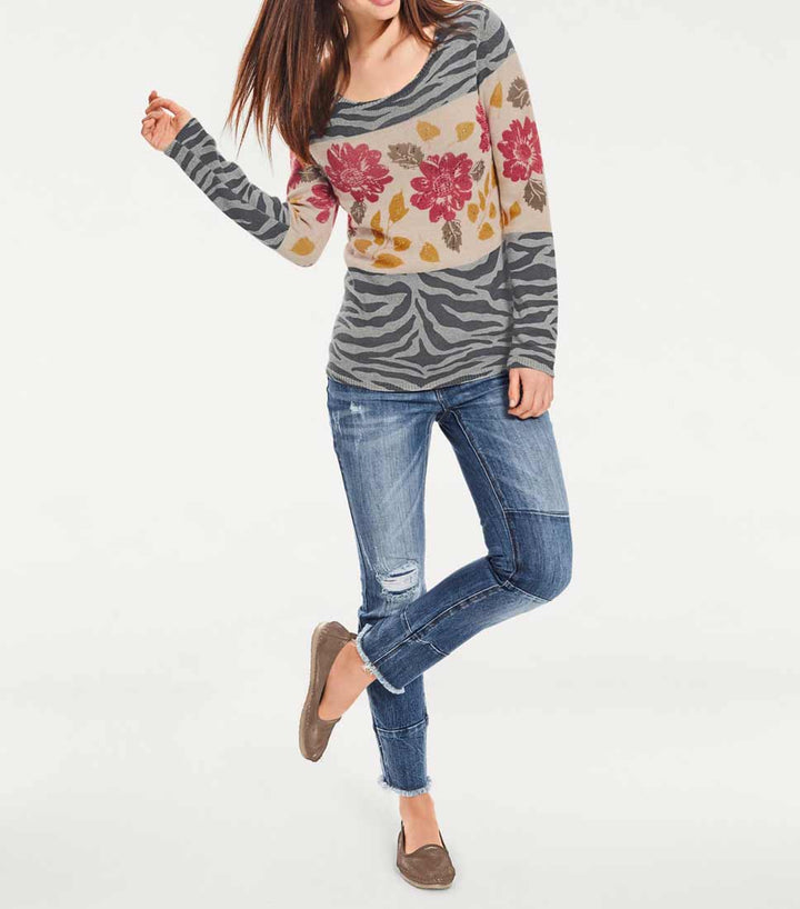 HEINE Damen Druckpullover m. Strass, grau-beige-bunt