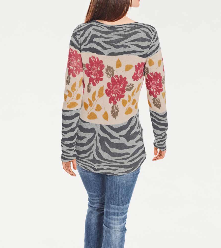 HEINE Damen Druckpullover m. Strass, grau-beige-bunt