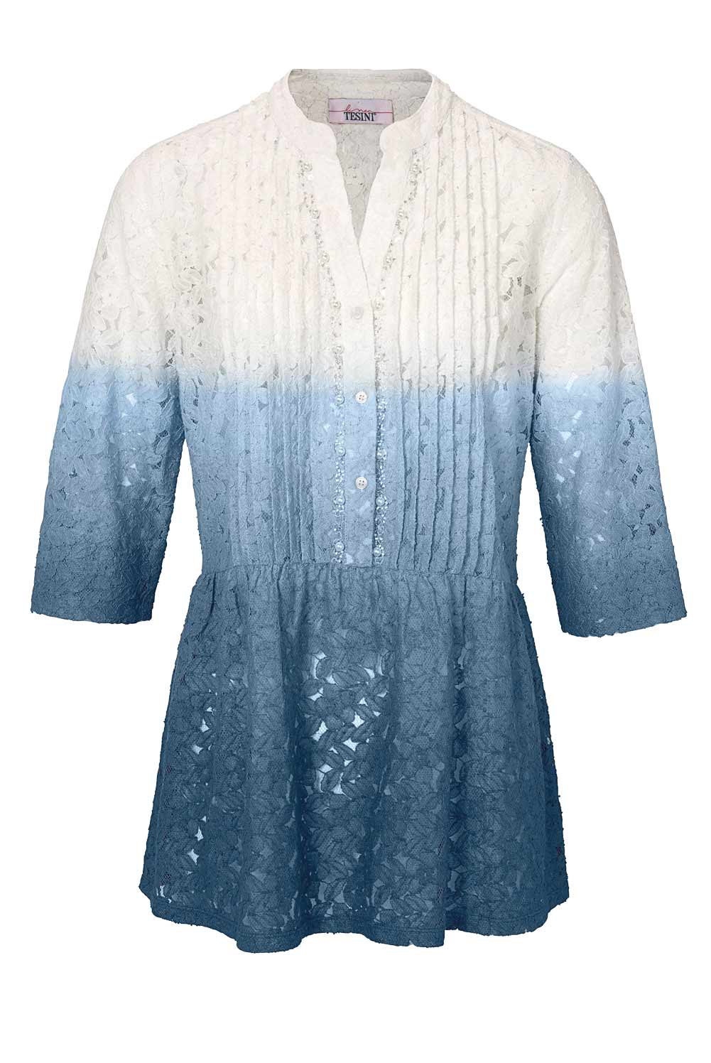 Linea Tesini Damen Designer-Spitzenbluse, weiß-blau