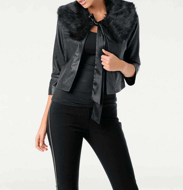 ASHLEY BROOKE Damen Designer-Lammnappalederjacke m. Webpelz, schwarz