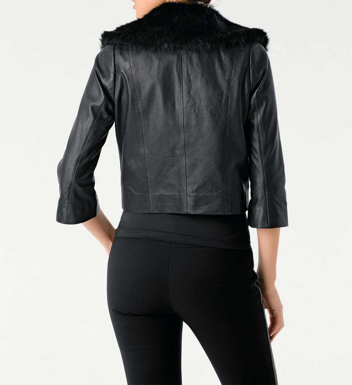 ASHLEY BROOKE Damen Designer-Lammnappalederjacke m. Webpelz, schwarz