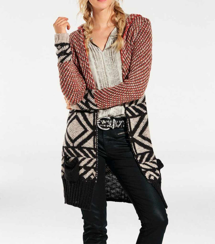 Heine-Best Connections Damen Longstrickjacke mit Kapuze, orange-bunt