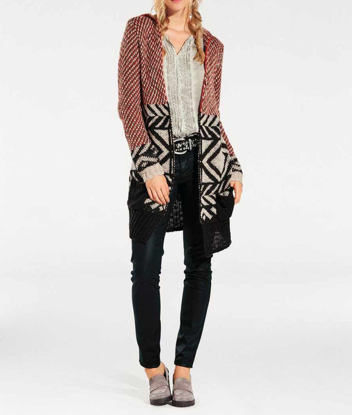Heine-Best Connections Damen Longstrickjacke mit Kapuze, orange-bunt