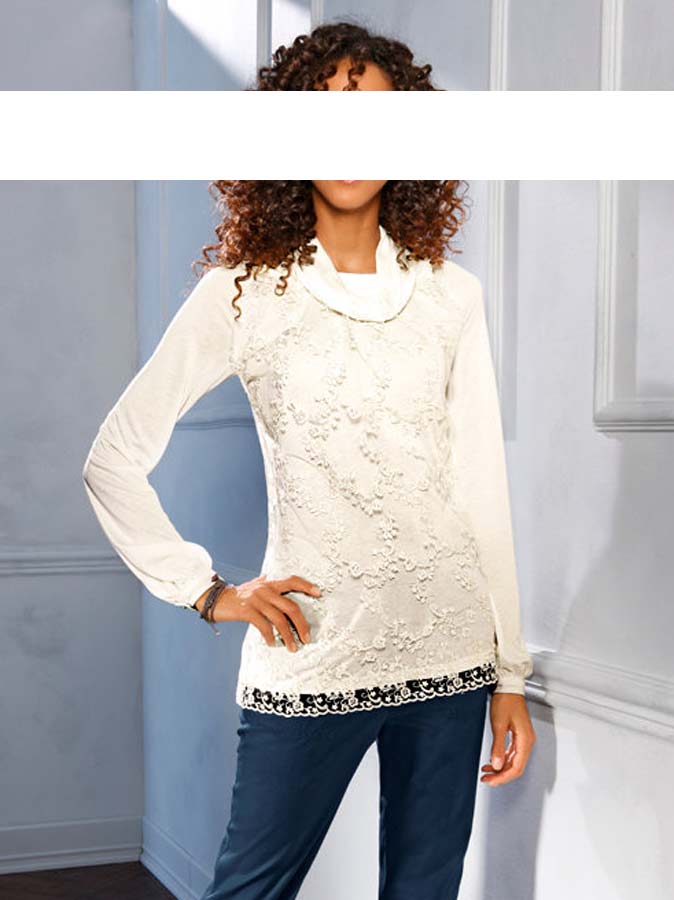 Linea Tesini Damen Designer-Spitzen-Jerseyshirt, ecru