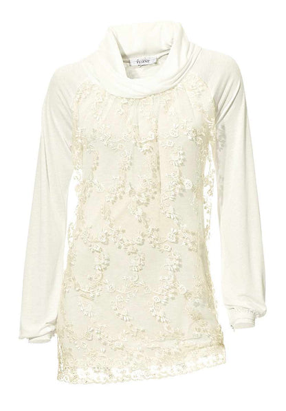 Linea Tesini Damen Designer-Spitzen-Jerseyshirt, ecru