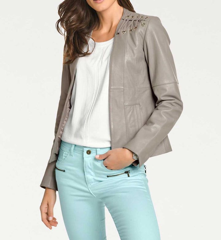 Patrizia Dini Damen Designer-Lammnappalederjacke, helltaupe