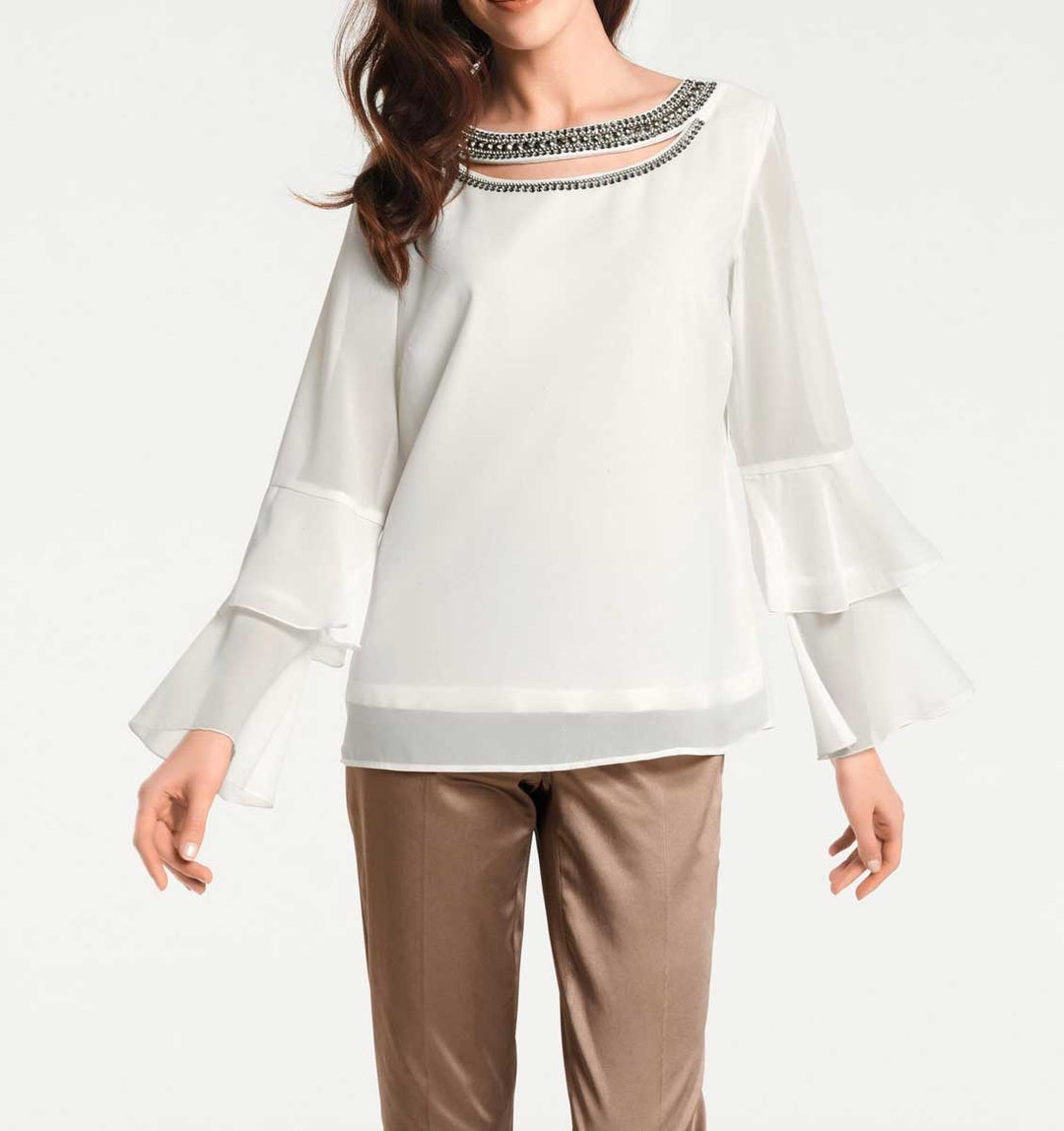 Ashley Brooke Damen Designer-Volantbluse mit Strasssteinen, ecru