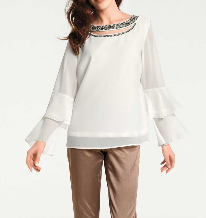 Ashley Brooke Damen Designer-Volantbluse mit Strasssteinen, ecru