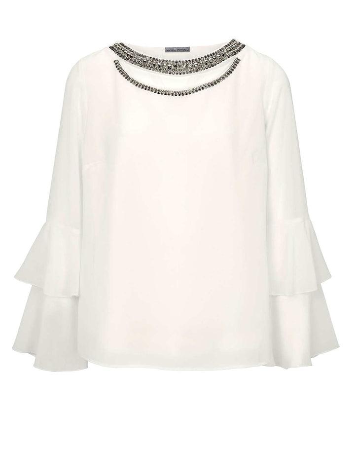 Ashley Brooke Damen Designer-Volantbluse mit Strasssteinen, ecru