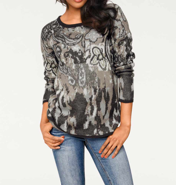 Patrizia Dini Damen Designer-Jacquard-Pullover, graublau-bunt