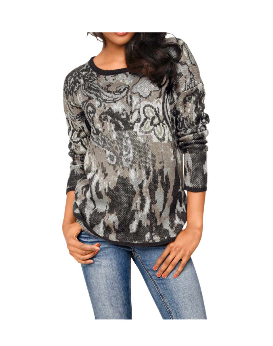 Patrizia Dini Damen Designer-Jacquard-Pullover, graublau-bunt