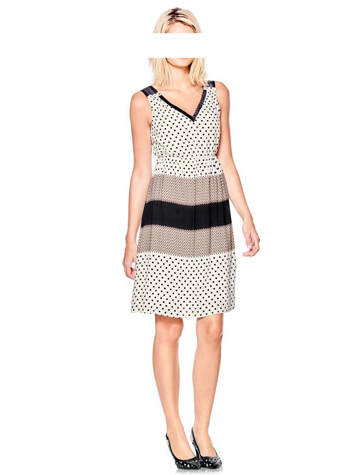 Mandarin Damen Druckkleid, creme-beige-schwarz