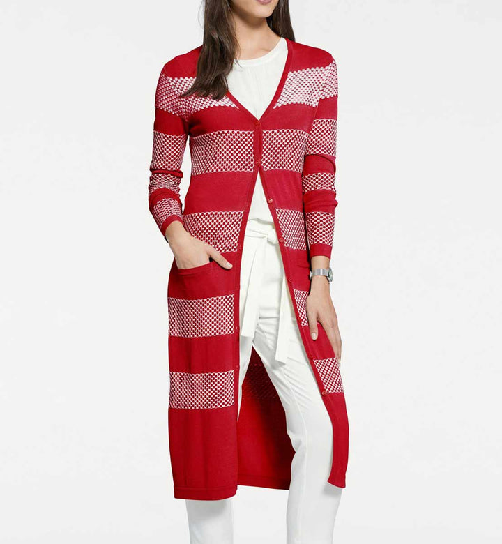 Patrizia Dini Damen Designer-Longstrickjacke, rot-ecru