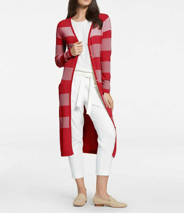 Patrizia Dini Damen Designer-Longstrickjacke, rot-ecru
