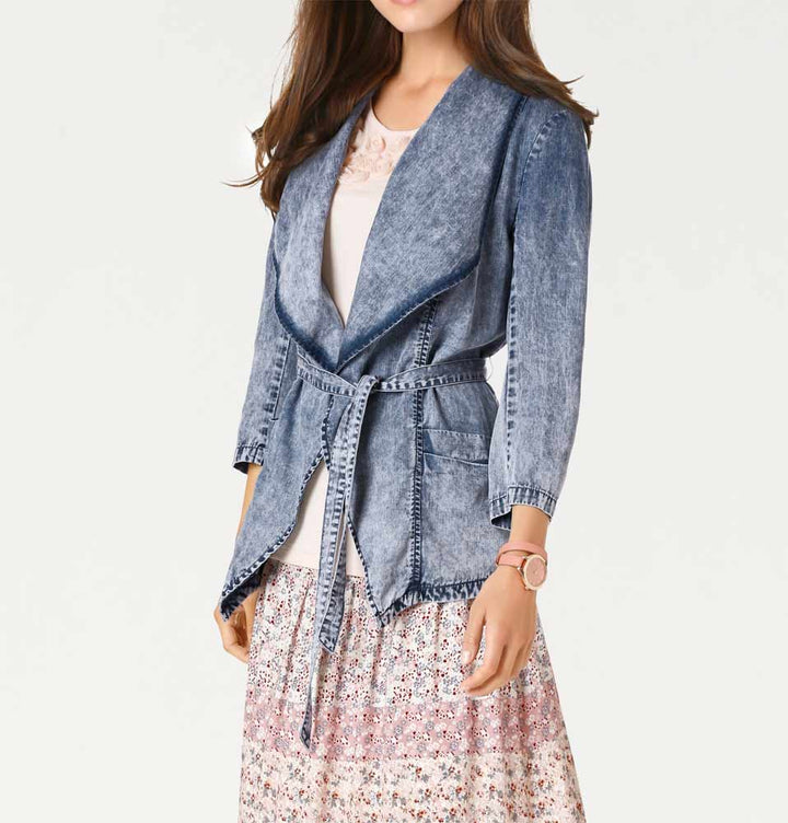 Linea Tesini Damen Designer-Gürteljacke im Jeanslook, blau