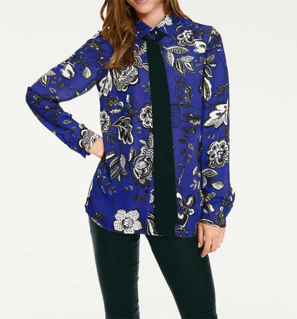 Rick Cardona Damen Designer-Druckbluse mit Krawatte, blau