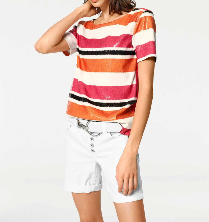 Rick Cardona Damen Designer-Paillettenshirt, orange-pink