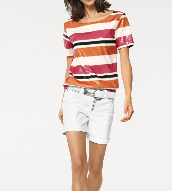 Rick Cardona Damen Designer-Paillettenshirt, orange-pink
