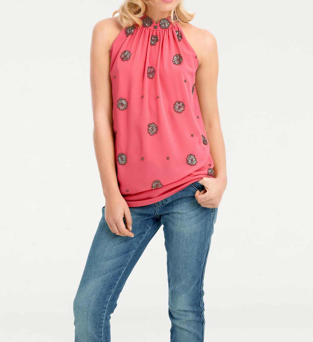 Ashley Brooke Damen Designer-Pailletten-Blusentop, koralle