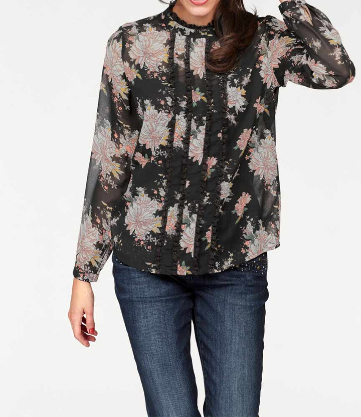 Tamaris Damen Marken-Bluse mit Spitze, schwarz-bunt