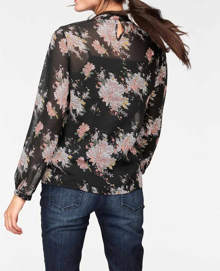 Tamaris Damen Marken-Bluse mit Spitze, schwarz-bunt