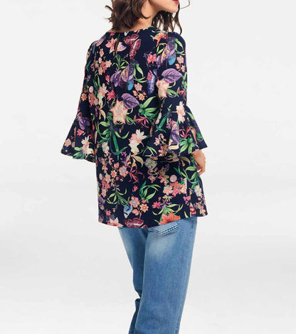 Rick Cardona Damen Designer-Bluse mit Volants, marine-bunt