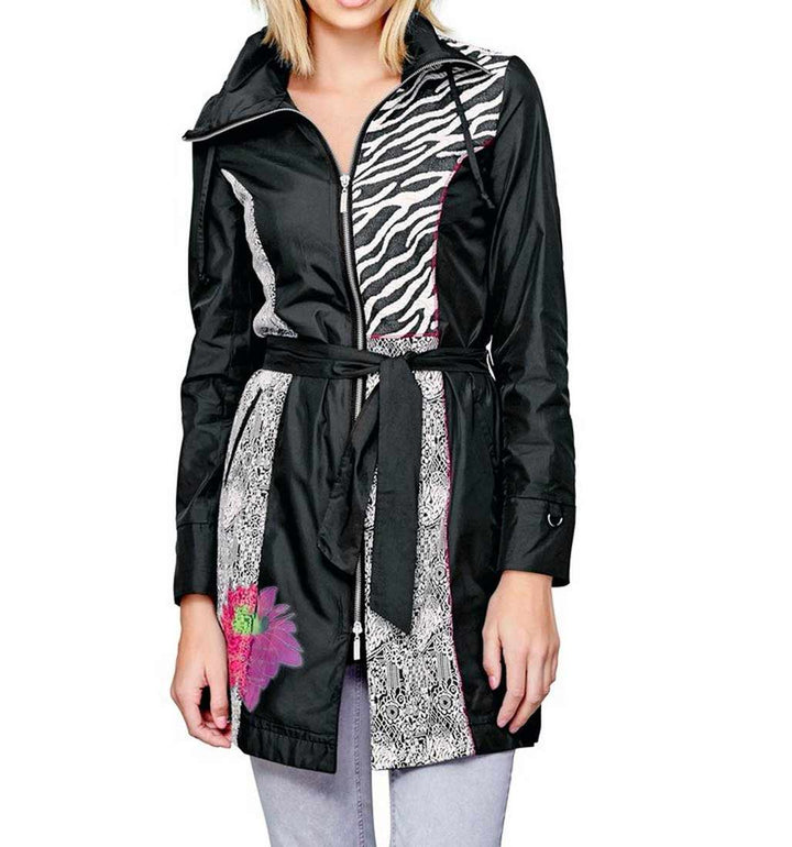 Mandarin Damen Patchmantel, schwarz-offwhite-bunt
