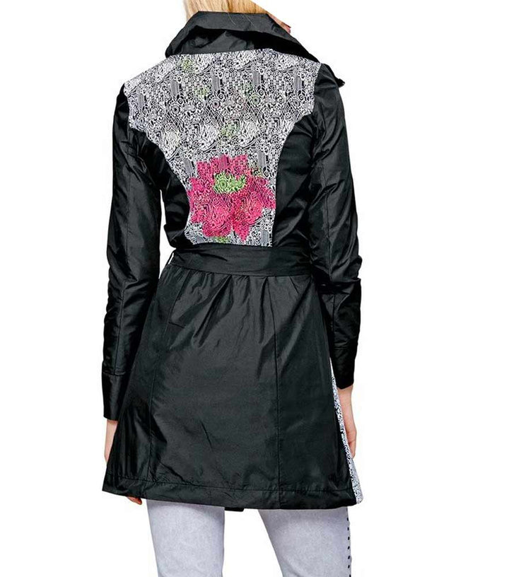 Mandarin Damen Patchmantel, schwarz-offwhite-bunt