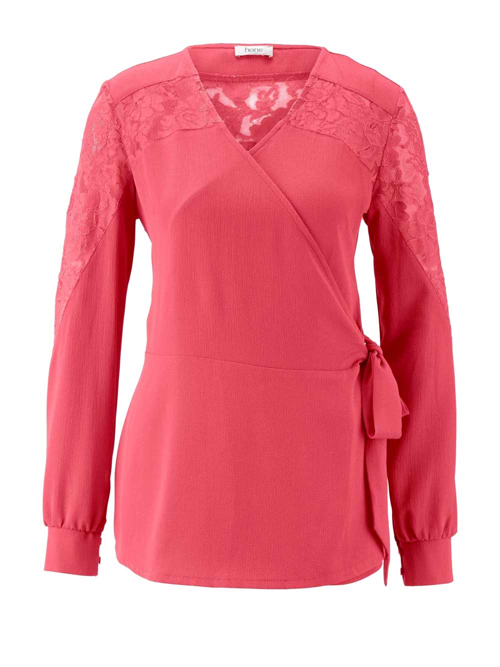 Heine Damen Wickelbluse mit Spitze, hummer