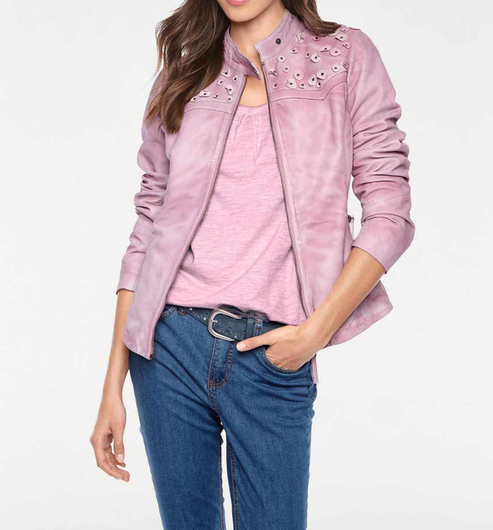 Linea Tesini Damen Designer-Lammnappalederjacke, rosé-used