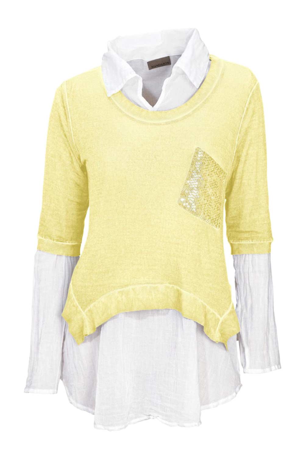 Mandarin Shirt 2-Teiler, gelb-weiß