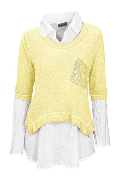 Mandarin Shirt 2-Teiler, gelb-weiß