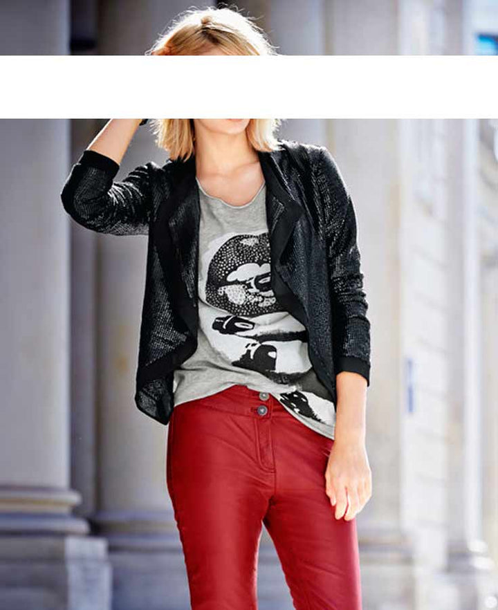 Mandarin Pailletten-Shirtjacke, schwarz