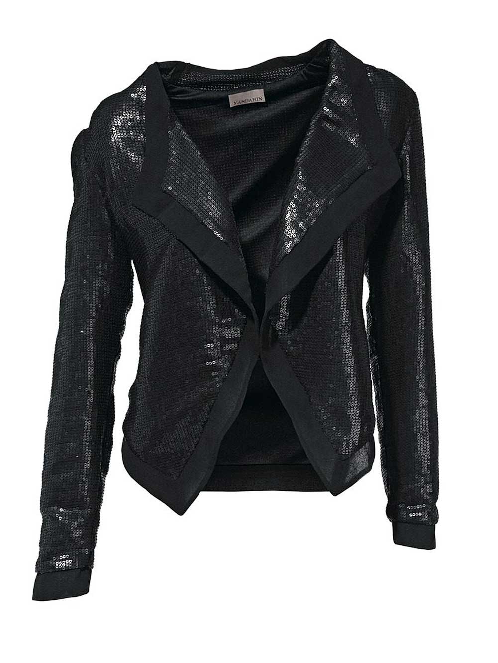Mandarin Pailletten-Shirtjacke, schwarz